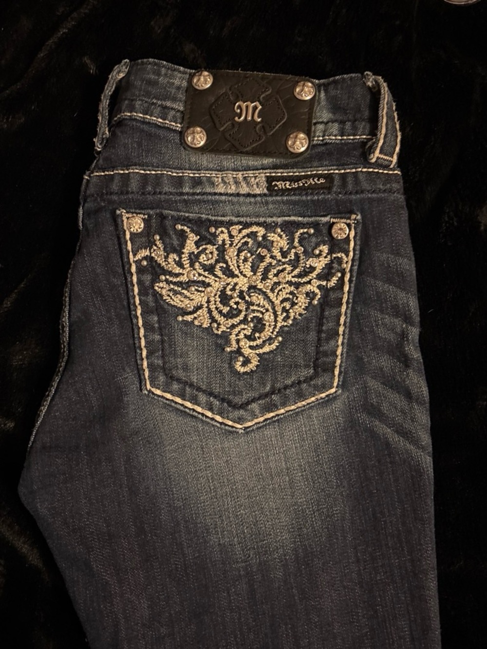 Miss Me Women's Dark Blue Boot Cut Jeans with Cream Embroidered Pocket